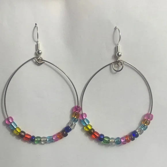 Multicolor Rainbow Color Glass Bead Hoop Earrings  Handmade by Paula - Picture 2 of 4
